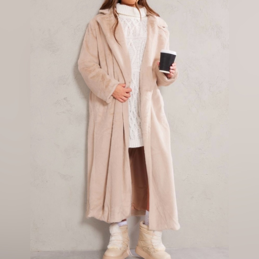 Premium Soft Faux Fur Tailored Maxi Coat Beige Size 8 NWT